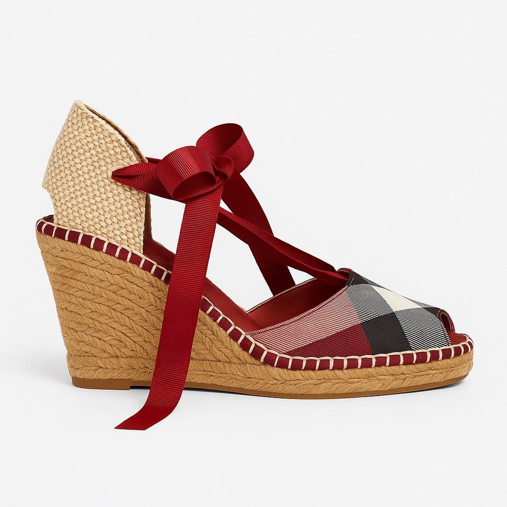 [Burberry] Red Nova Check Espadrilles with Ribbon Ties